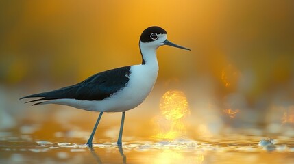 Obraz premium Striking Black-Necked Stilt in Shallow Waters: Hyper-Realistic Nature Close-up of Exotic Bird with Long Legs and Unique Plumage