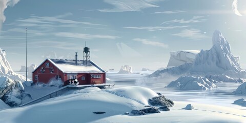 Winter landscape with a red cabin in an icy, snowy field surrounded by icebergs. Arctic and wilderness concept.