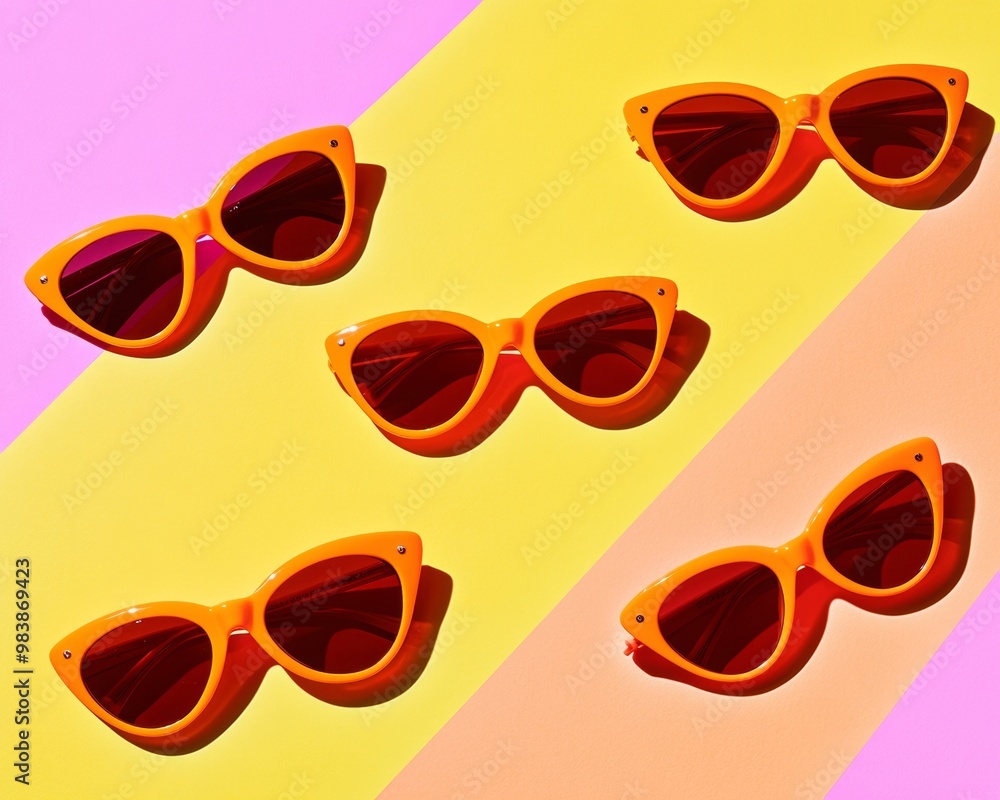 Poster vibrant pattern of orange sunglasses on yellow and pink background with playful color contrast and d