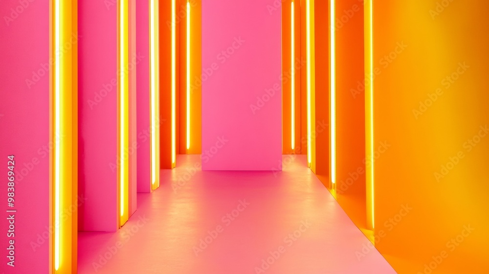Poster vibrant neon pink and yellow smooth surface with upward streaming light beams - dynamic and energeti