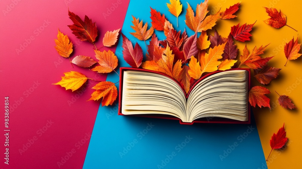 Poster creative minimalist graph of open book made from autumn leaves on colorful geometric background