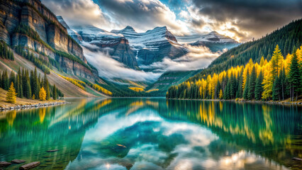 Obraz premium Serene beauty of emerald waters surrounded by majestic mountains. Ideal for travel brochures, environmental awareness campaigns, scenic wall art, and educational materials about nature preservation.