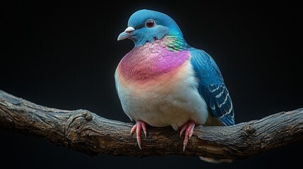 Serene Wood Pigeon Perched on Branch Showing Iridescent Feathers in Hyper-realistic Close-up