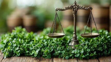 Scales of Justice and Green Plants   Law and Nature Concept