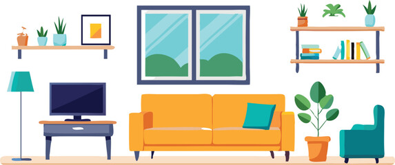 Modern Interior Design with Sofa Set Flat Vector Isolated