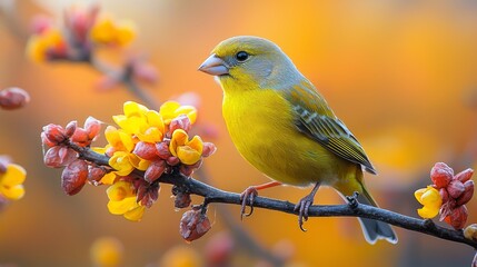 Obraz premium Striking Green Finch Perched on Branch with Vibrant Coloration in Nature Setting