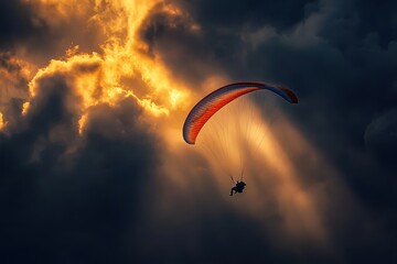 A paraglider soaring through dramatic clouds illuminated by sunlight.