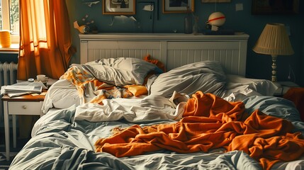 Rest or life in a couple unkempt queen size bed with torn linens and an orange blanket cover
