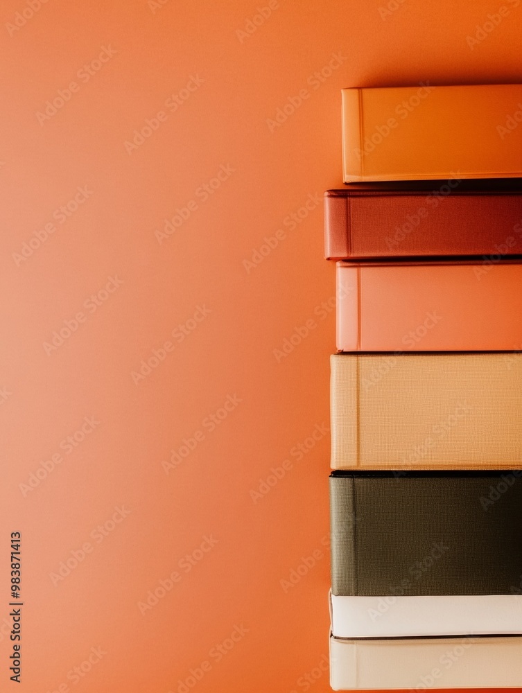 Poster minimalist stack of colorful notebooks against a bright solid background