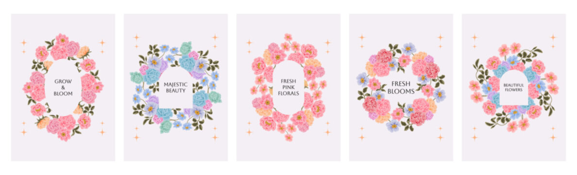 Set of hand drawn vintage botanical flower frames and wreaths with rose, peony, daisy florals for spring, summer, autumn greeting card, wedding invitation, decorations