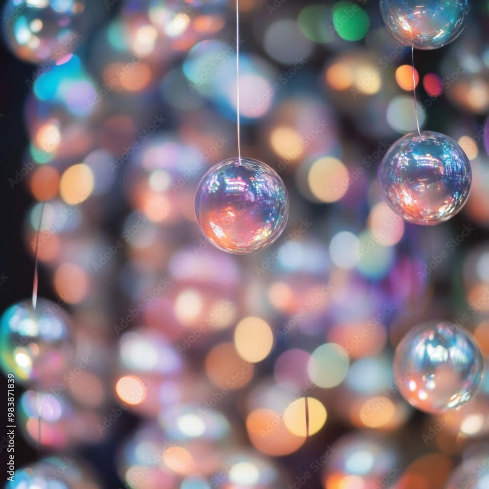 Poster Aerial View of Symmetrically Arranged Iridescent Balloons Creating a Geometric Pattern with Vibrant Colors and Shiny Textures