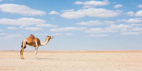 Minimalist Camel in Desert Under Blue Sky with Heart Symbol on Back