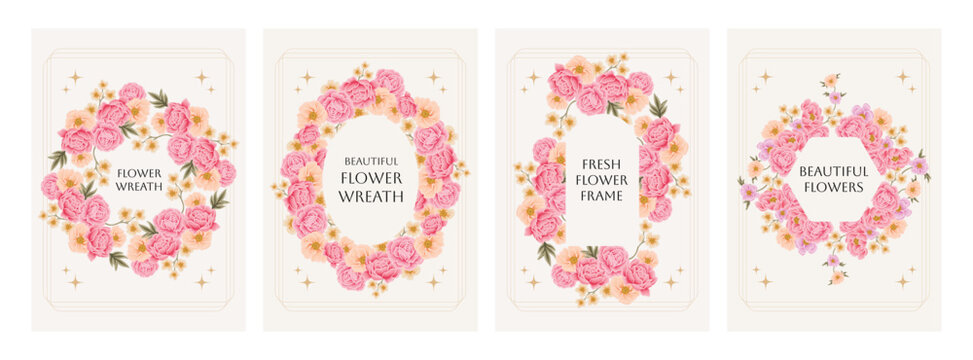 Set of hand drawn vintage botanical flower frames and wreaths with rose, peony, daisy florals for spring, summer, autumn greeting card, wedding invitation, decorations