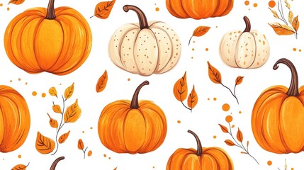 Autumn seamless pattern featuring hand drawn pumpkins on a square background perfect for fall holidays