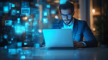 Businessman working on laptop in modern office with digital interface display.