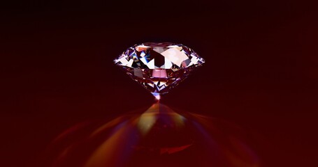 Diamond shining on reflective surface with colorful caustics rays. 3D rendering.