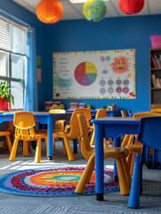A colorful preschool classroom featuring blue walls, yellow chairs, and vibrant hanging decorations, designed for interactive learning and creativity.