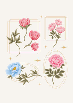 Vintage hand drawn botanical flower poster with rose, daisy, gerbera, peony florals, greeneries illustration for decoration, branding, book or journal cover