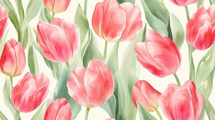 Obraz premium Pink and green watercolor tulip seamless floral pattern 2