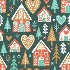 Seamless vector pattern with cute Scandinavian gingerbread houses and trees. Hand drawn Christmas gingerbread village. EPS 10 vector file. Perfect for textile, wallpaper or print design.