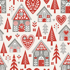 Seamless vector pattern with cute Scandinavian gingerbread houses and trees. Hand drawn Christmas gingerbread village. EPS 10 vector file. Perfect for textile, wallpaper or print design. © MirabellePrint