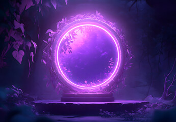 Elegant Neon-Lit Mirror on Stage with Purple Drapes