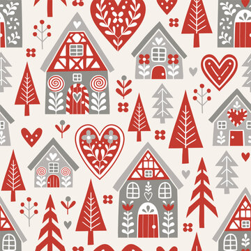 Fototapeta Seamless vector pattern with cute Scandinavian gingerbread houses and trees. Hand drawn Christmas gingerbread village. EPS 10 vector file. Perfect for textile, wallpaper or print design.