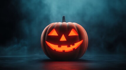 Glowing Halloween pumpkin with a spooky face, creating an eerie atmosphere.