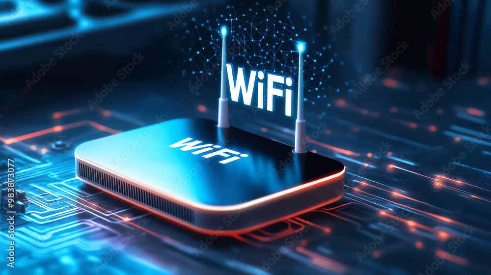 Poster modern wifi router with glowing signals on a digital circuitry background.