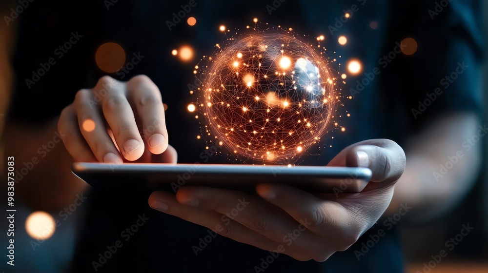 Poster person interacting with a tablet displaying a glowing digital globe effect.