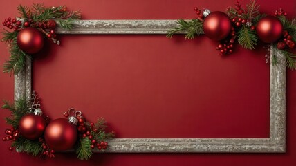 a red background with frame and a christmas wreath and decorations.