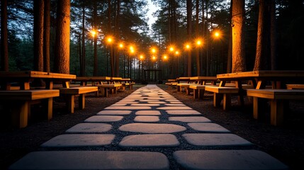 Scenic outdoor dining area with illuminated string lights, lined stone path, and wooden benches amidst forest.