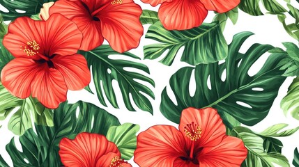 Hand drawn pattern featuring a tropical summertime motif suitable for fabric wrapping or textile design Raster seamless pattern of vibrant hibiscus flowers set against a white background depicting