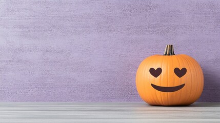 Minimalist Pumpkin Carved with Heart Eyes Emoji Against Purple Background