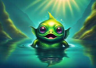 Green Monster Fish Emerge from the Deep Lake Scary Night Atmosphere