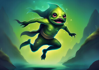 Green Monster Fish Floating in the Deep Sea Prepare to Appear on the Surface
