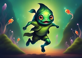Green Monster Fish Floating in the Deep Sea