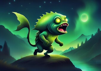 Green Monster Fish Roaring on the Rock at Scary Night Full Moon