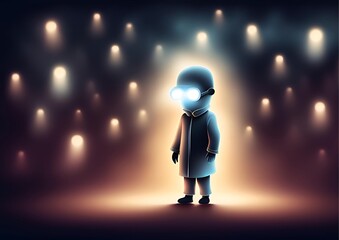 Little Hollow Man With Eyes Lit Up Standing in the Darkness While Many Small Lights Shine