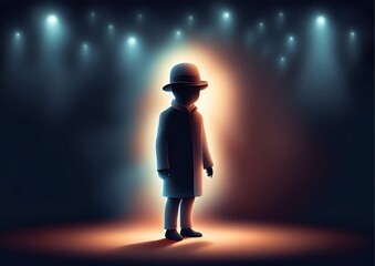 Little Hollow Man Standing in the Darkness While Many Small Lights Shine