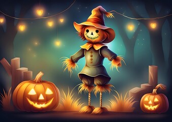 Little Scarecrow Standing Alone in the Jungle with Two Pumpkin Heads at Scary Night Illustration Cartoon