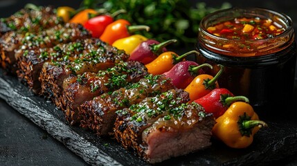 Grilled Meat  Peppers  and Sauce on Slate Plate