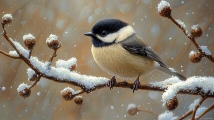 Obraz premium Detailed Close Up of Black-Capped Chickadee Perched on Snowy Branch - Fluffy Feathers and Bright Eyes