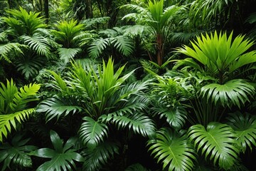 Fototapeta premium tropical rainforest foliage plants bushes (ferns, palm, philodendrons and tropic plants leaves) in tropical garden on black background, green variegated leaves pattern nature frame forest background