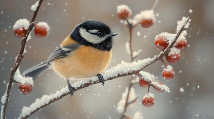 Obraz premium Close-up of Hyper-Realistic Black-Capped Chickadee on Snowy Branch with Fluffy Feathers and Bright Eyes