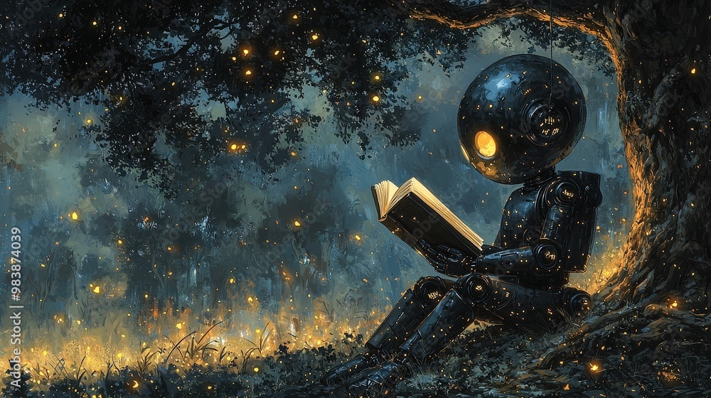 Poster robot reading under a tree with fireflies