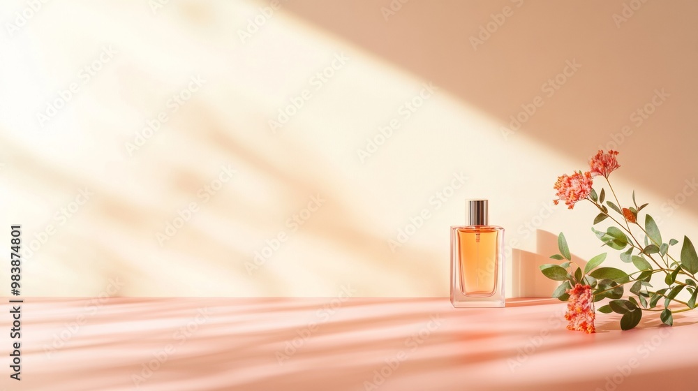 Poster contemporary stylish product display on soft pastel orange table surface with subtle floral decorati