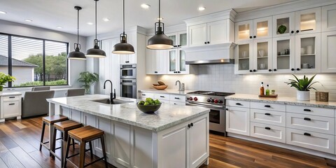 Fototapeta premium This modern kitchen boasts white shaker-style cabinets, matte black pulls, and knobs, blending functionality and style