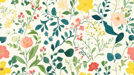 Seamless floral pattern featuring hand drawn spring flowers and leaves Ideal for wallpaper or fabric design