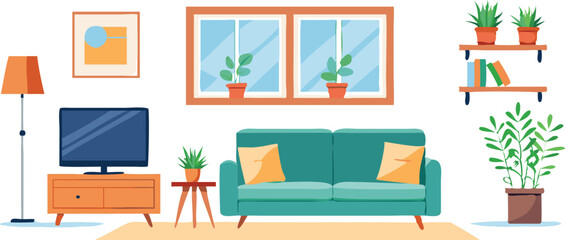 Fototapeta premium Modern Interior Design with Sofa Set Flat Vector Isolated